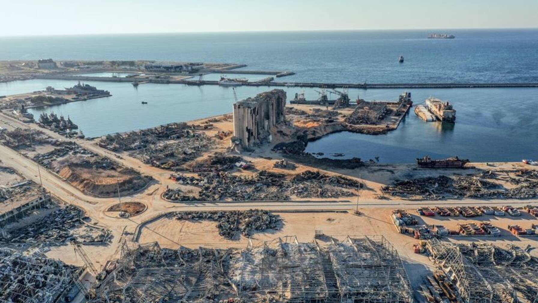 The port of Beirut about a month after the explosion. To this day, the remains of the grain silos stand like memorials.