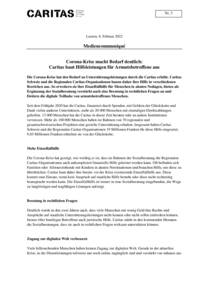 Die Corona-Krise hat den Bedarf an Unterstützungsleistungen durch die Caritas erhöht. Caritas Schweiz und die Regionalen Caritas-Organisationen bauen daher ihre Hilfe in verschiedenen Bereichen aus. So erweitern sie ihre Einzelfallhilfe für Menschen in akuten Notlagen, bieten als Ergänzung der Sozialberatung verstärkt auch eine Beratung in rechtlichen Fragen an und fördern die digitale Teilhabe von armutsbetroffenen Menschen.