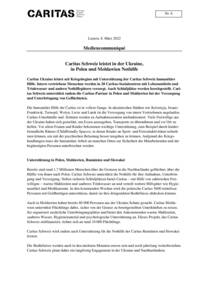Caritas Ukraine leistet seit Kriegsbeginn mit Unterstützung der Caritas Schweiz humanitäre Hilfe. Intern vertriebene Menschen werden in 20 Caritas-Sozialzentren mit Lebensmitteln und Trinkwasser und andern Nothilfegütern versorgt. Auch Schlafplätze werden bereitgestellt. Caritas Schweiz unterstützt zudem die Caritas-Partner in Polen und Moldawien bei der Versorgung und Unterbringung von Geflüchteten.
