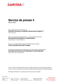 Soins à domicile pour les personnes âgées Comment structurer la migration de personnel soignant? Tobias Holzgang / Sauvons la forêt amazonienne maintenant — il pourrait bientôt être trop tard. Des alternatives durables à la déforestation. Anja Ibkendanz et Arabela Philopona / Entretien avec Lukáš Voborský, directeur de Caritas Suisse en Ukraine. Tout le monde met la main à la pâte. / Programme d’occupation pour les bénéficiaires d’une aide d’urgence de longue durée. Un projet innovant pour les demandeurs d’asile déboutés. Andreas Ackermann et Peter Haller