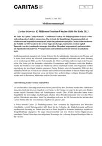 Bis Ende 2022 plant Caritas Schweiz, 12 Millionen Franken für Hilfsprogramme in der Ukraine und umliegenden Ländern einzusetzen. Das ist dank der langjährigen Zusammenarbeit mit erfahrenen und regional verwurzelten Caritas-Organisationen möglich. Caritas Schweiz startete die Nothilfe vor Ort bereits in den ersten Tagen des Krieges. Inzwischen werden täglich Tausende von den Auseinandersetzungen betroffene Menschen im gesamten Land unterstützt. Die Spendenbereitschaft von Privatpersonen und Institutionen in der Schweiz ist anhaltend hoch.