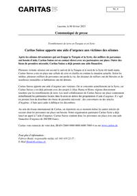 Après les séismes dévastateurs qui ont frappé la Turquie et la Syrie, des milliers de personnes ont besoin d’aide. Caritas Suisse est en contact direct avec ses partenaires sur place. Outre des biens de première nécessité, Caritas Suisse a déjà promis une aide financière.